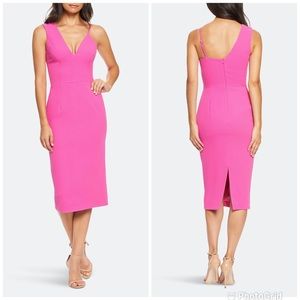 NWT Dress The Population Erika Asymmetrical Strap Midi Dress Fuchsia Pink Medium